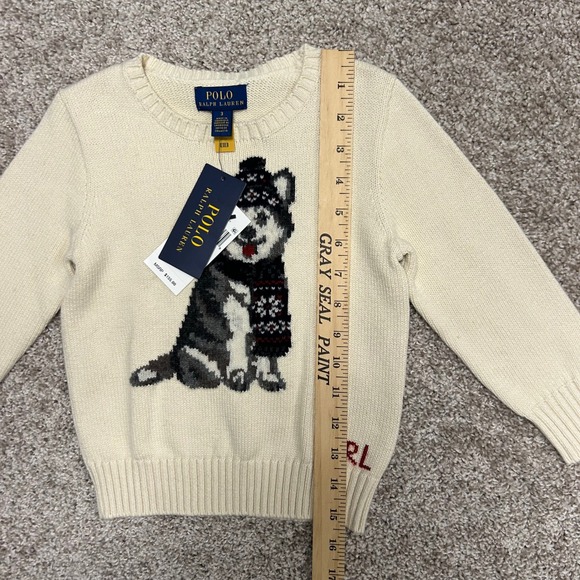 NWT Polo Ralph Lauren Dog Intarsia Crewneck Sweater Boys Size 3 Husky Cream - Picture 4 of 9